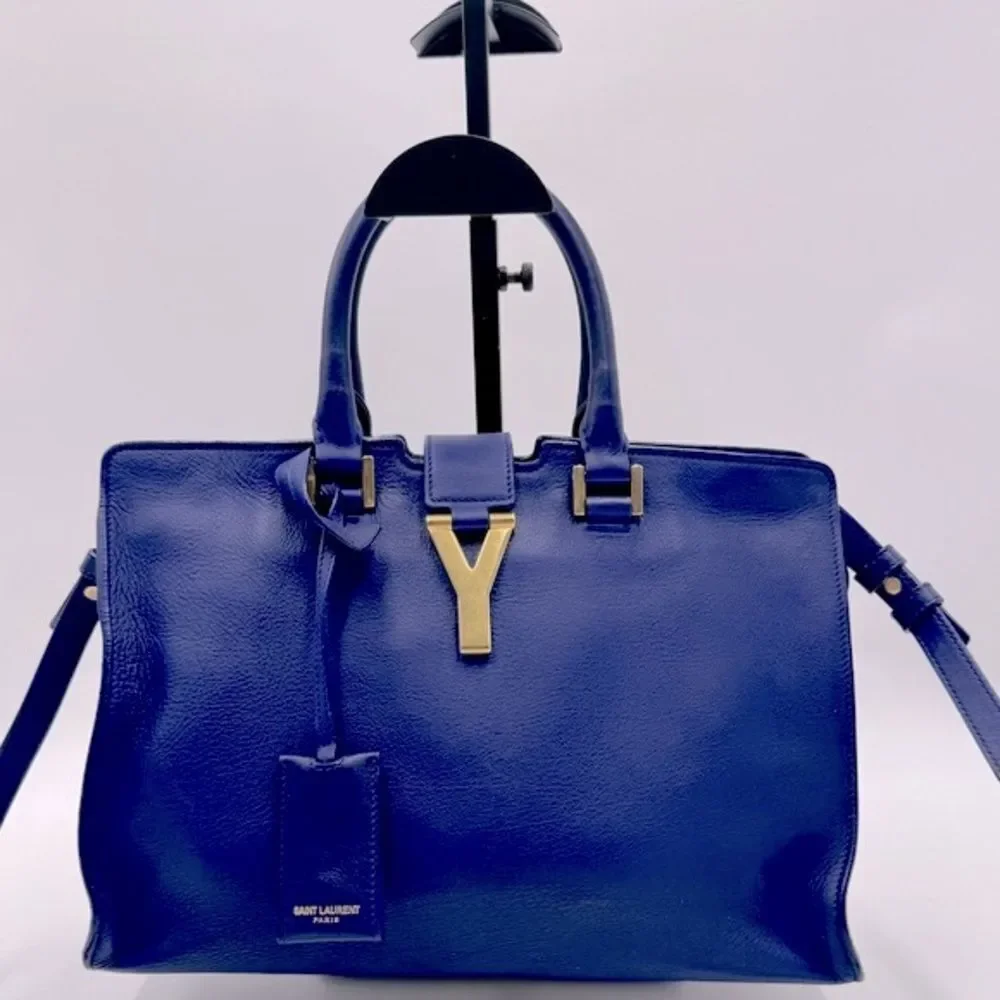 Auth Saint Laurent Small Classic Ligne Y Blue Leather Paris Chyc Cabas Tote 2way